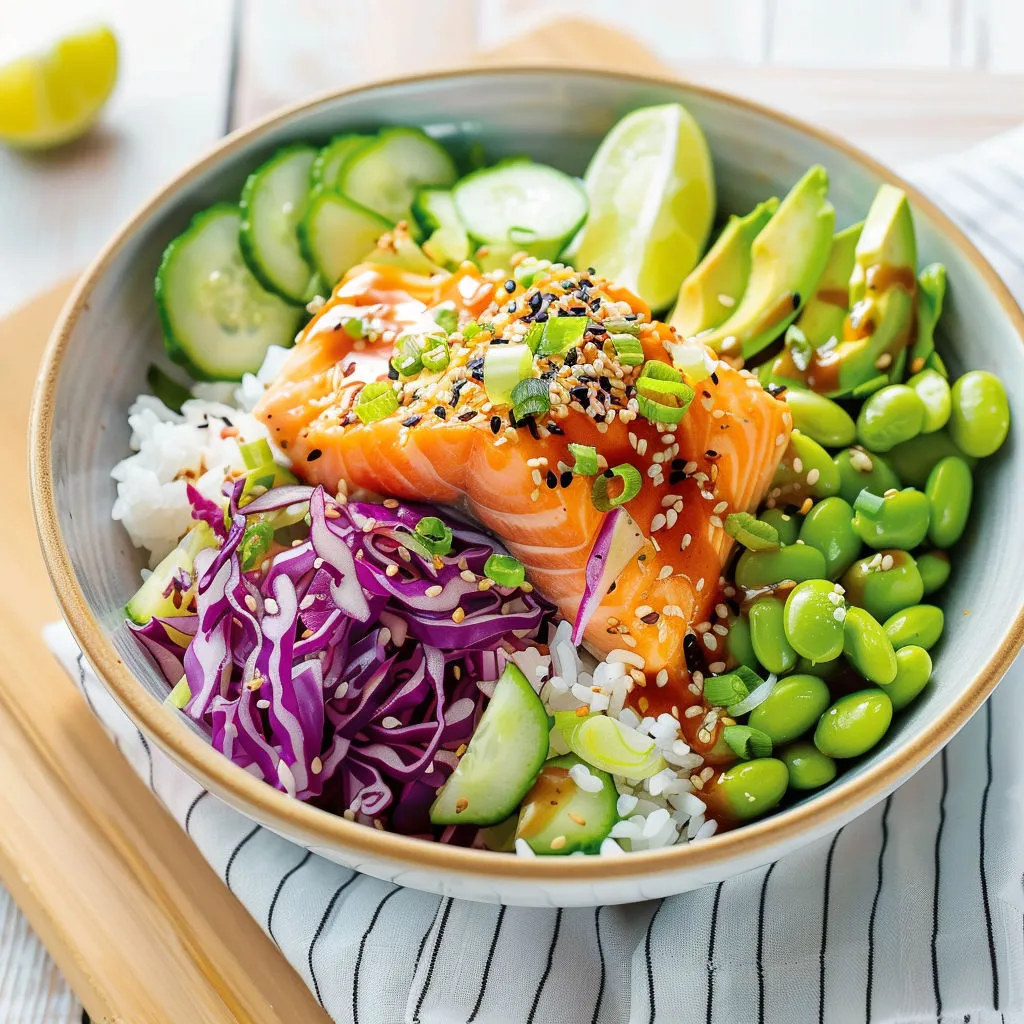 Bol énergisant: edamames, saumon, graines de sésame