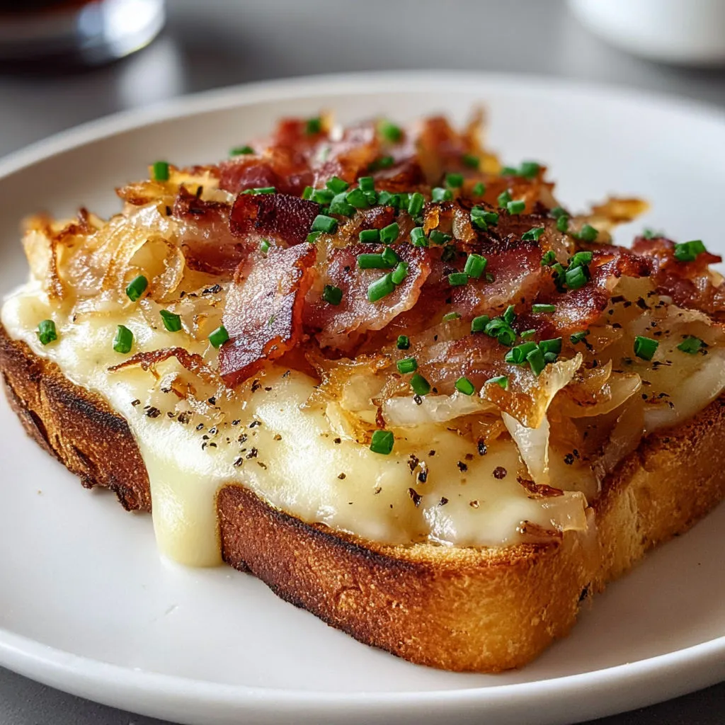 Bruschetta gourmande au fromage, lardons et oignons