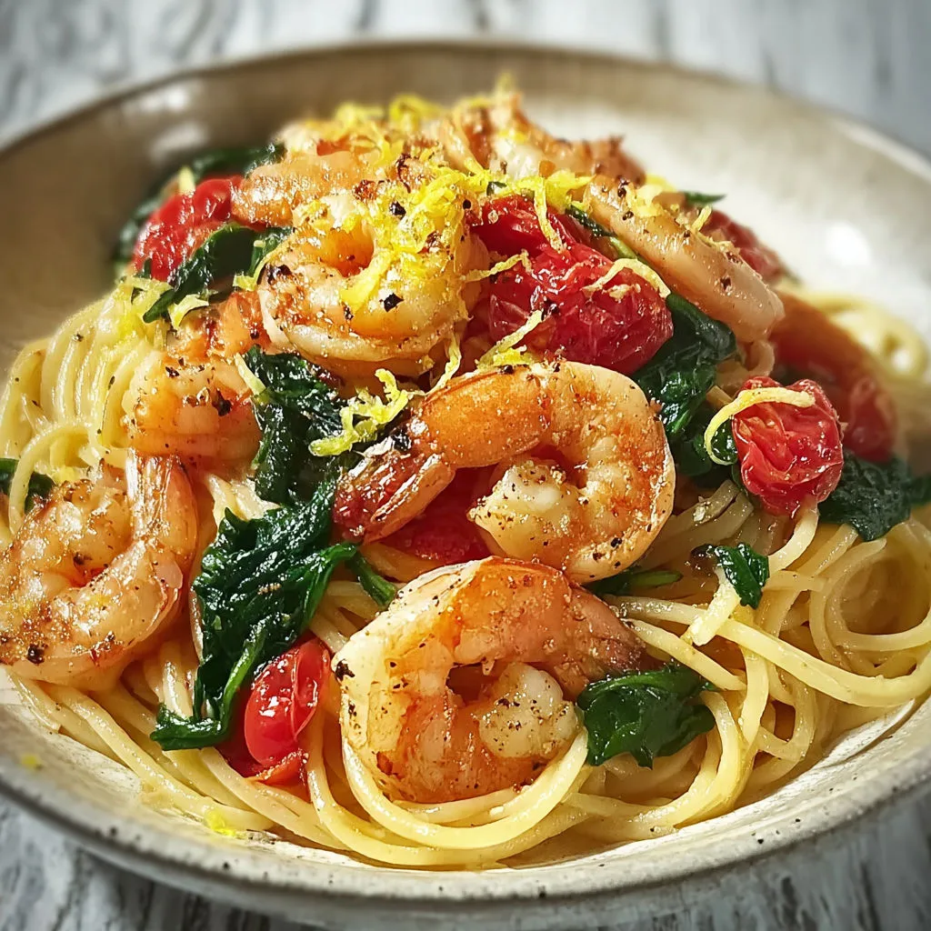 Dégustez des pâtes aux crevettes, tomates et épinards savoureuses
