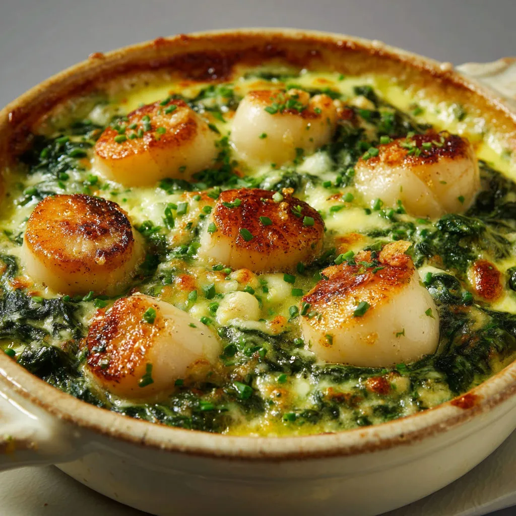 Délice de Saint-Jacques et épinards en cassolette