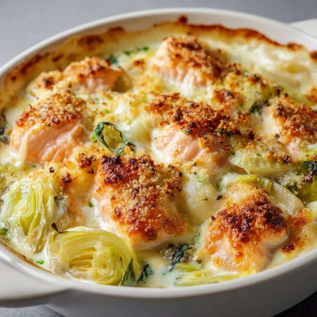 Délice de saumon et poireaux gratinés : recette savoureuse !