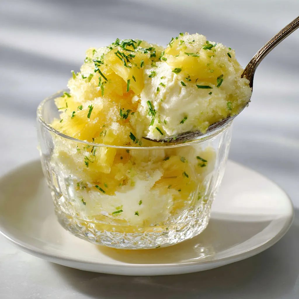 Délice frais : glace ananas vanille zeste citron vert.