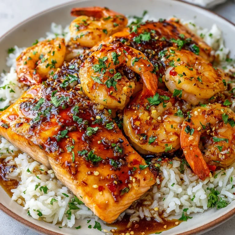 Délice marin : saumon et crevettes sauce miel ail.