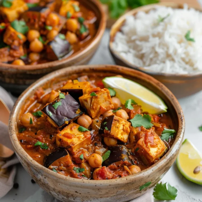 Délice végétarien: Cari aubergine, tofu, pois chiches.