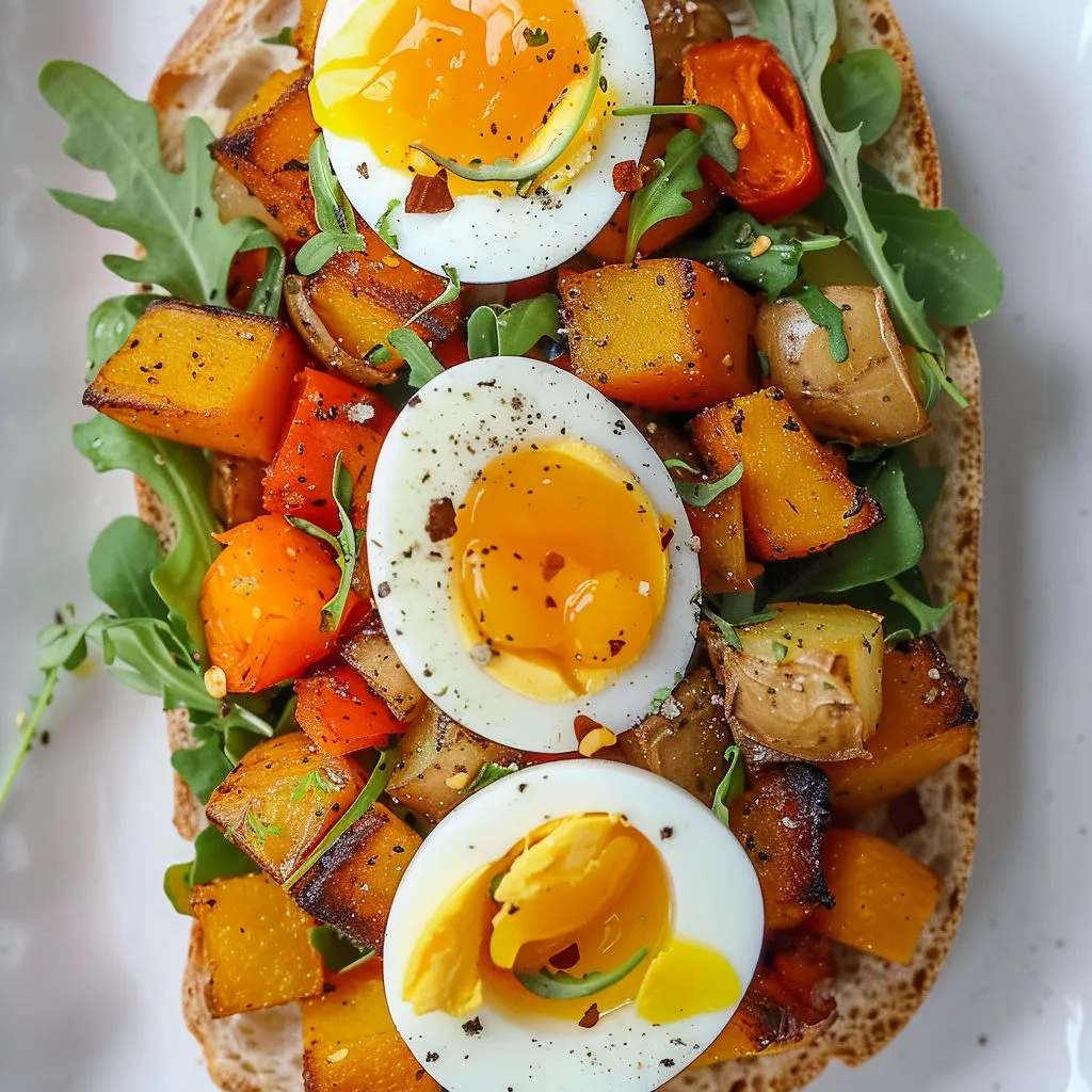 Délice végétarien : sandwich ouvert aux légumes et œufs
