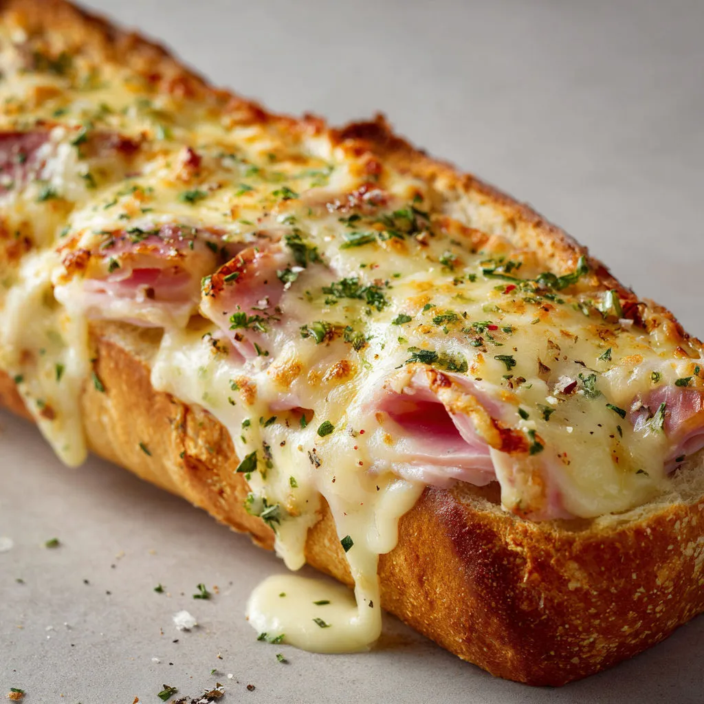 Délicieuse baguette gratinée au jambon et fromage