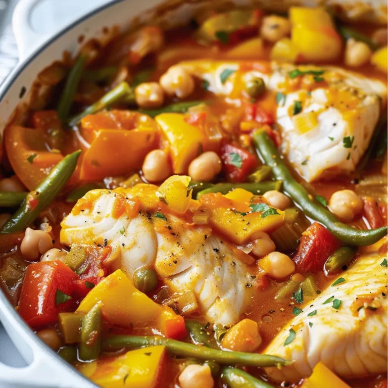 Délicieuse casserole de poisson aux tomates et haricots.