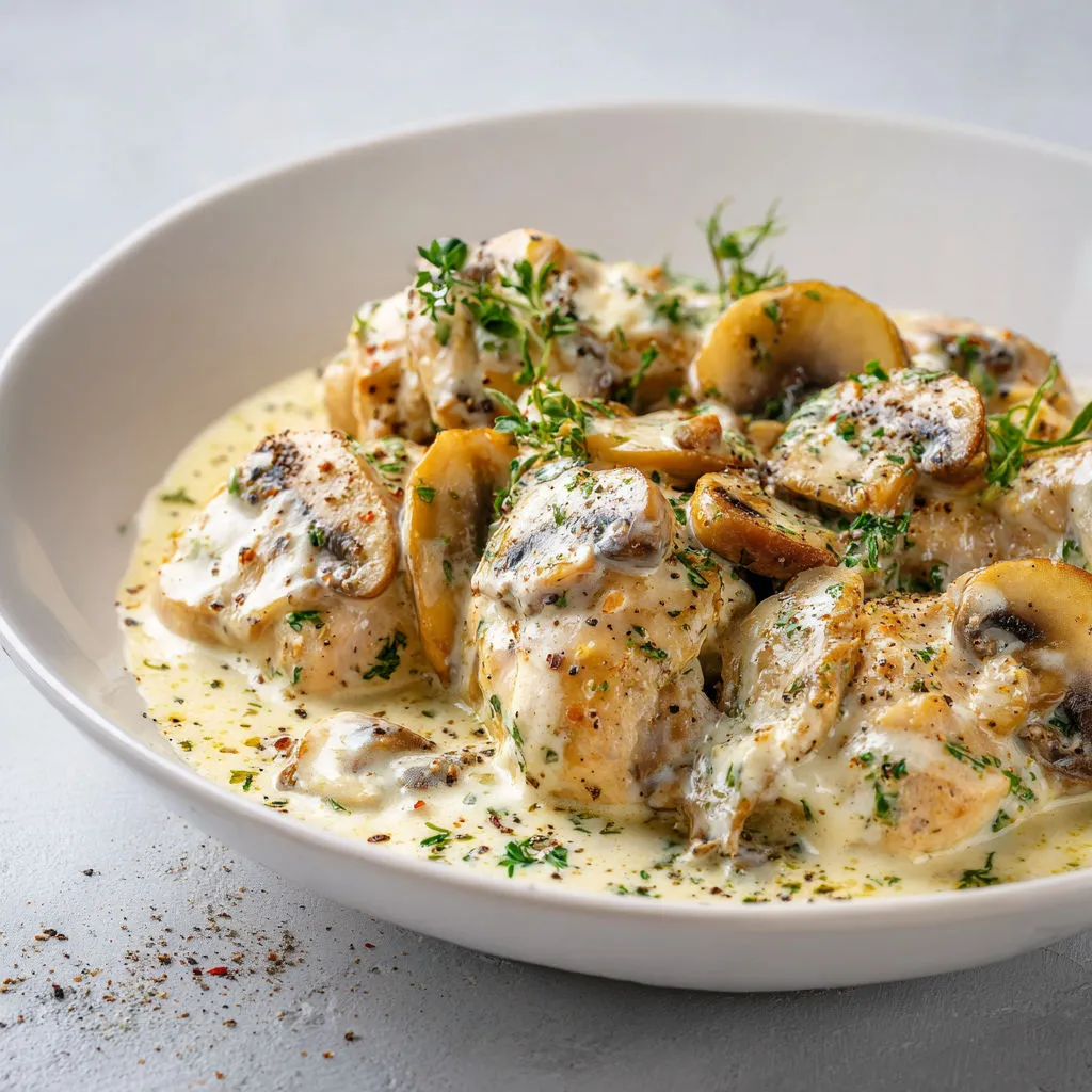 Délicieuse fricassée de poulet à la crème et champignons