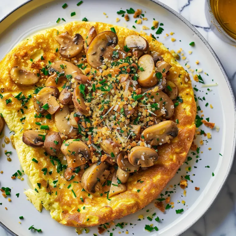 Délicieuse omelette aux champignons, chapelure et herbes fraîches