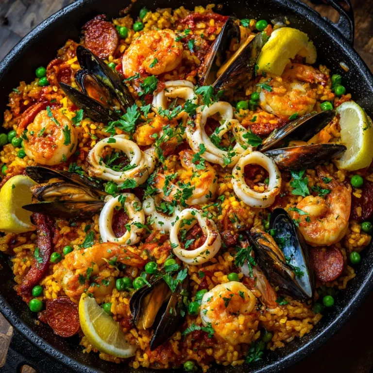Délicieuse paella espagnole aux crevettes, moules et chorizo