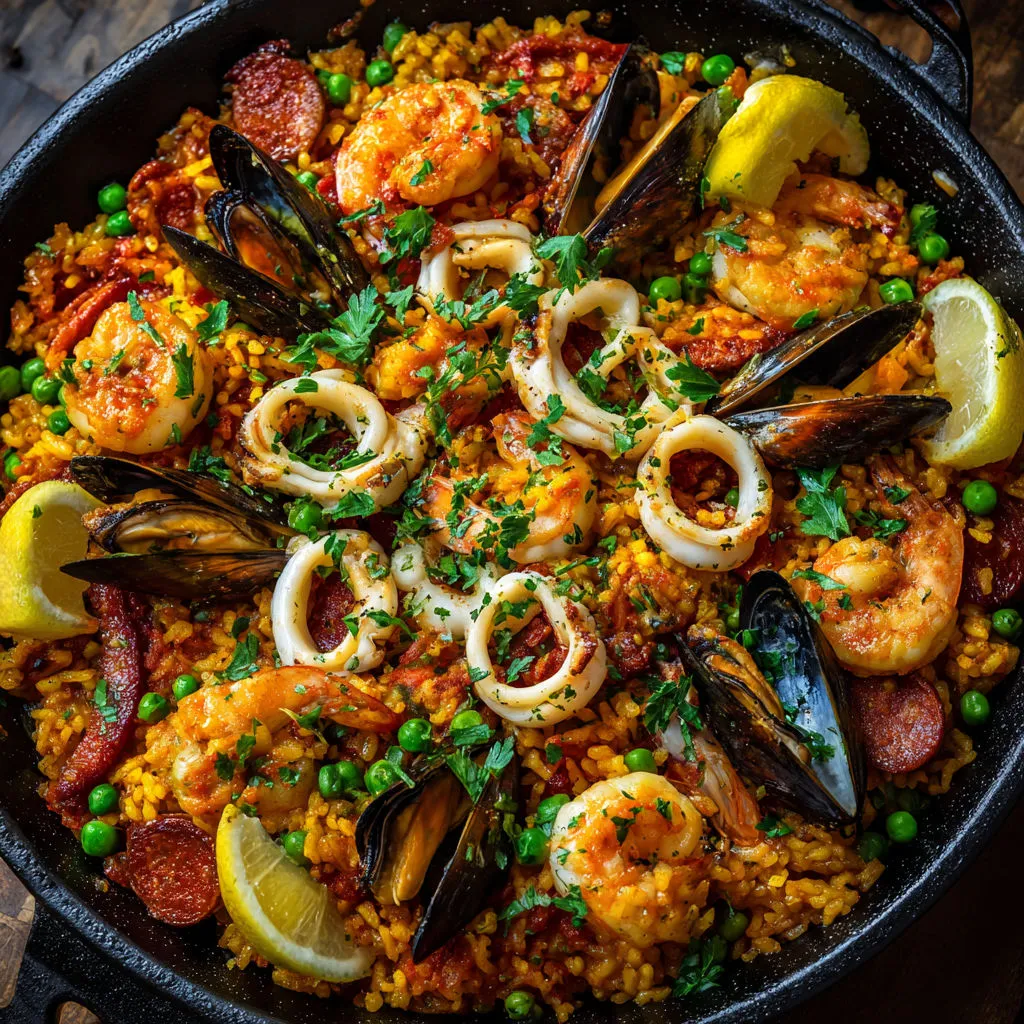 Délicieuse paella espagnole aux crevettes, moules et chorizo