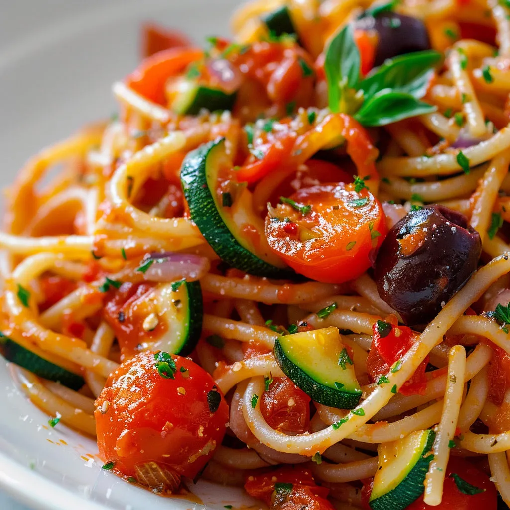 Délicieuse recette de spaghettis tomates, courgettes et basilic