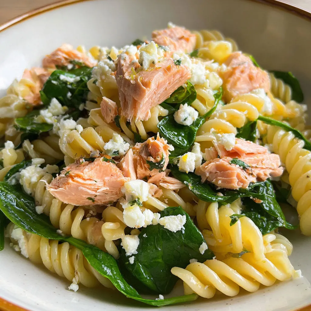 Délicieuse salade: pâtes saumon épinards, assaisonnée citron!