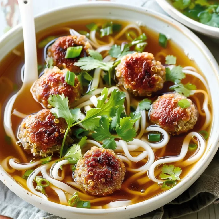 Délicieuse soupe aux boulettes de porc, quinoa et udon