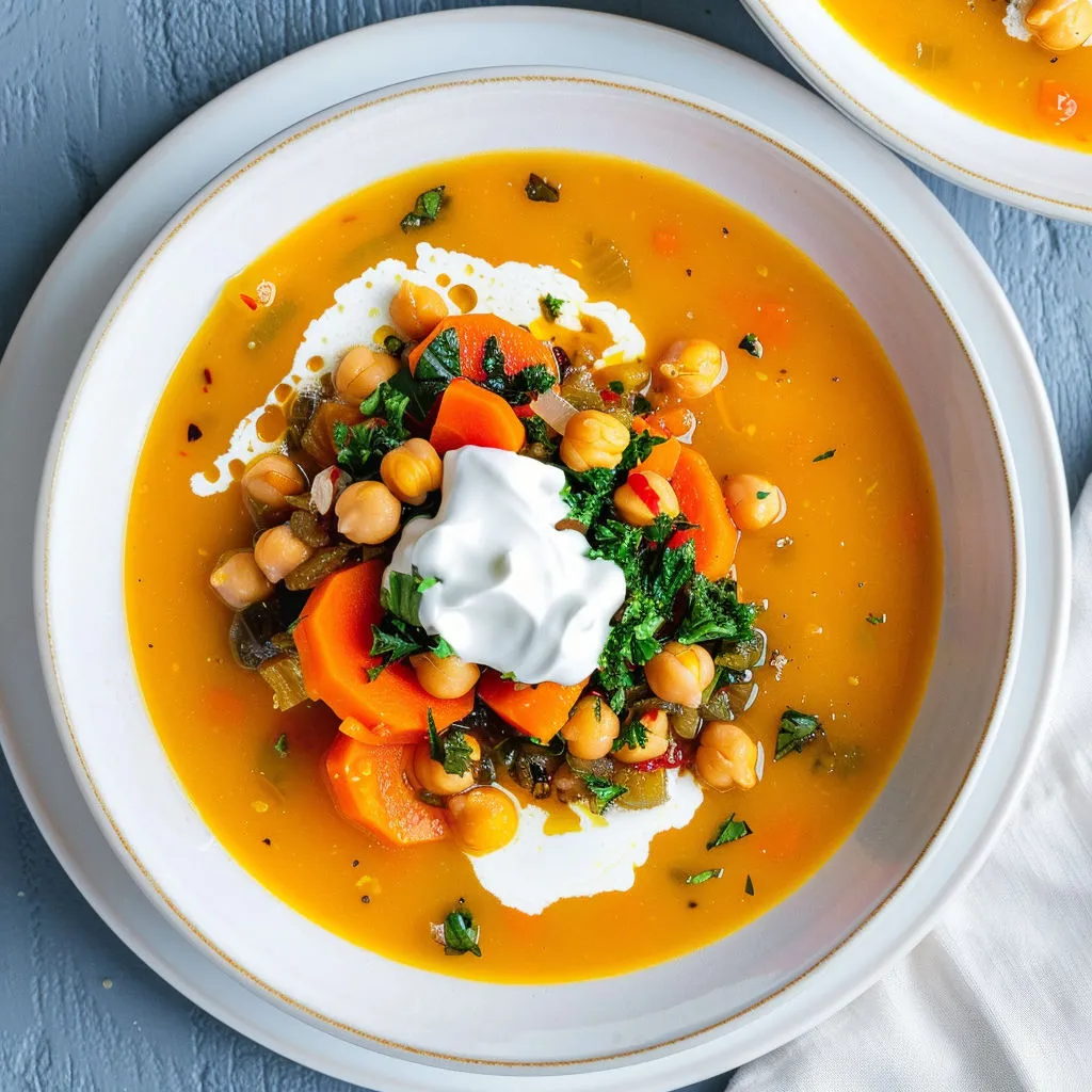 Délicieuse soupe végétarienne aux légumes, pois chiches et épices