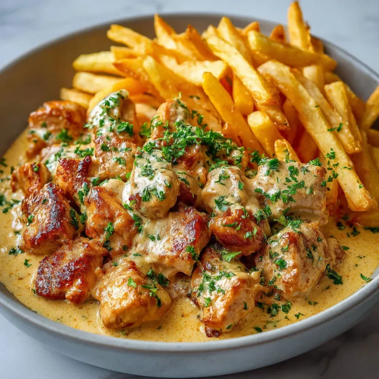 Délicieuses bouchées de poulet enrobées de sauce beurre frites
