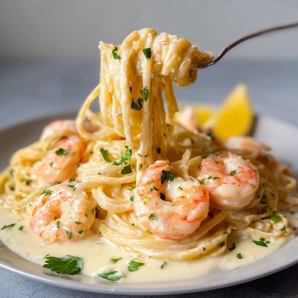 Délicieuses crevettes à l'ail avec spaghettis crémeux.