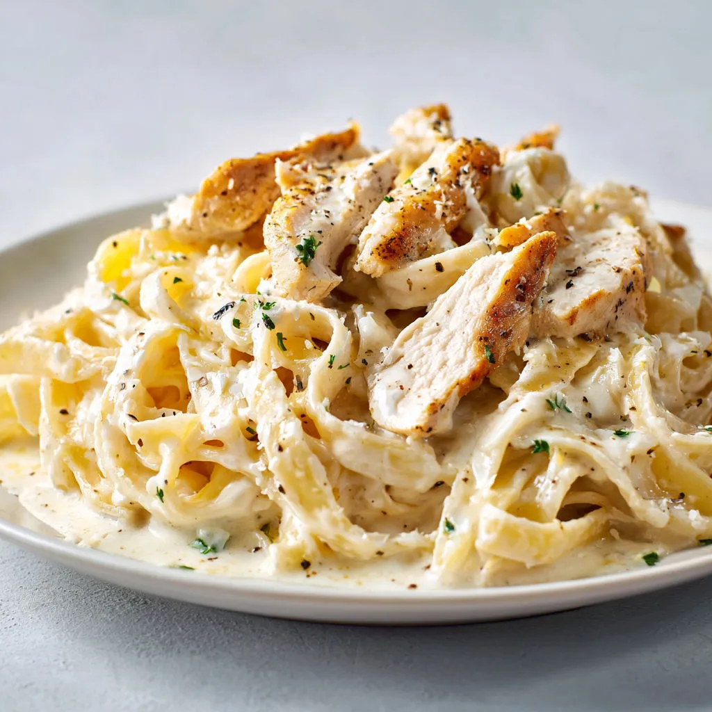 Délicieuses fettuccines Alfredo crémeuses avec poulet grillé