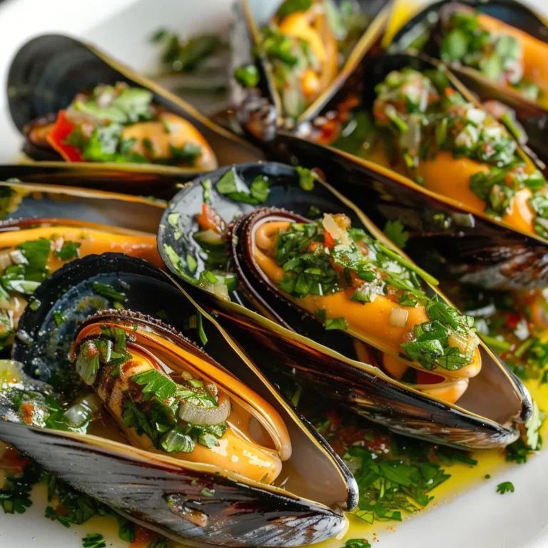 Délicieuses moules grillées avec sauce salsa verde, un régal!