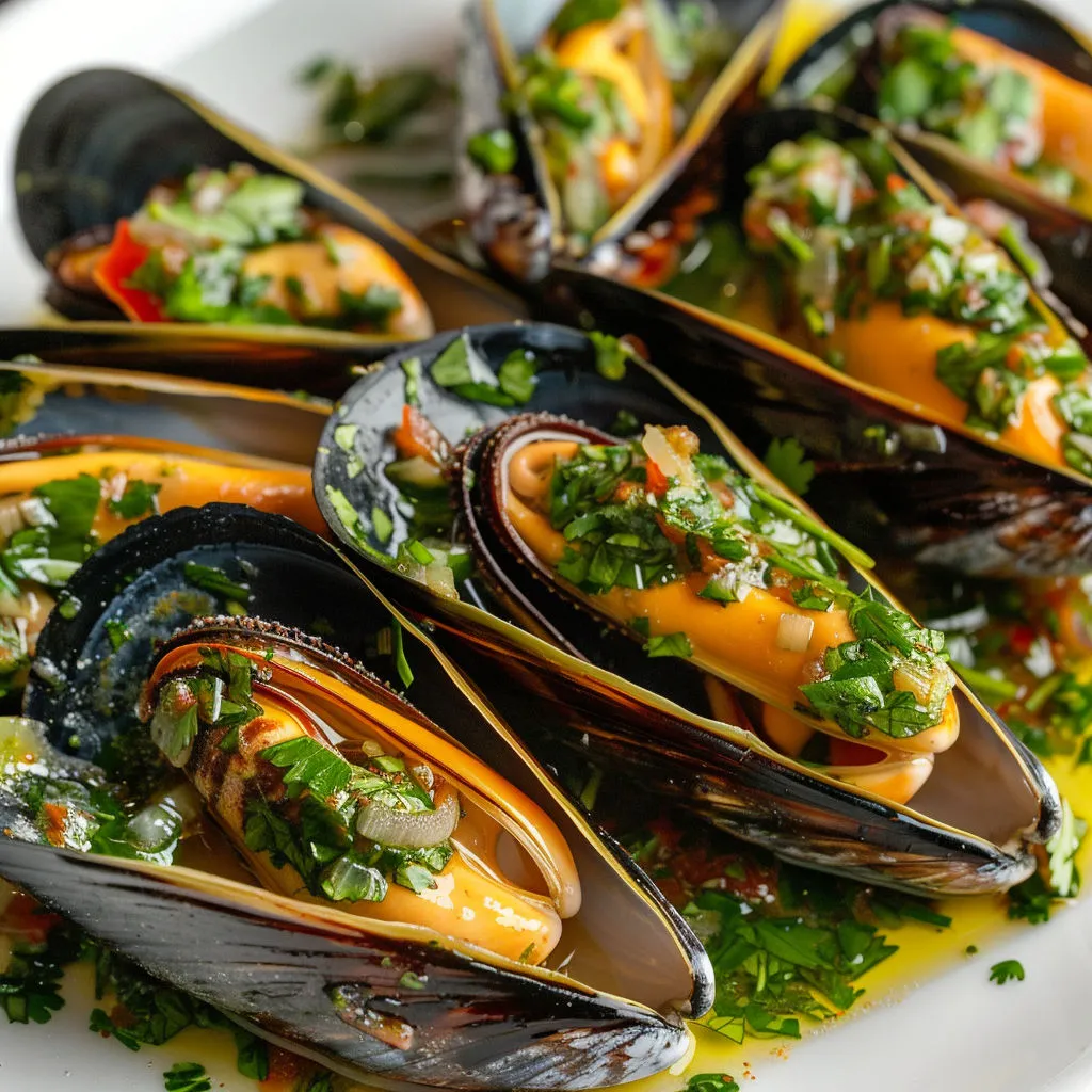 Délicieuses moules grillées avec sauce salsa verde, un régal!