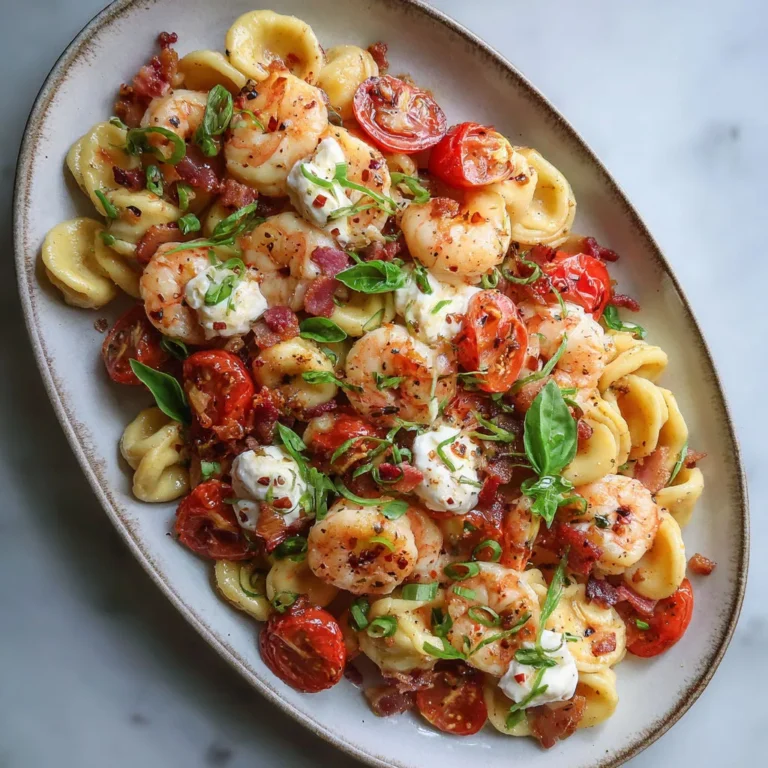 Délicieuses orechiettes aux tomates, crevettes et pancetta