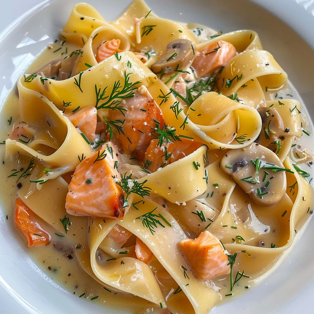 Délicieuses pappardelles au saumon et shiitakes