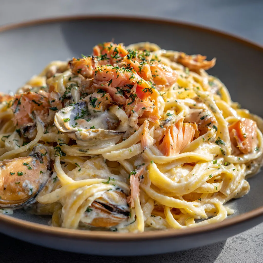 Délicieuses pâtes aux fruits de mer et truite fumée
