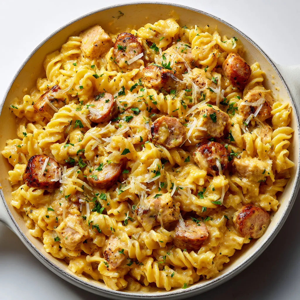 Délicieuses pâtes rotini à la saucisse et cheddar