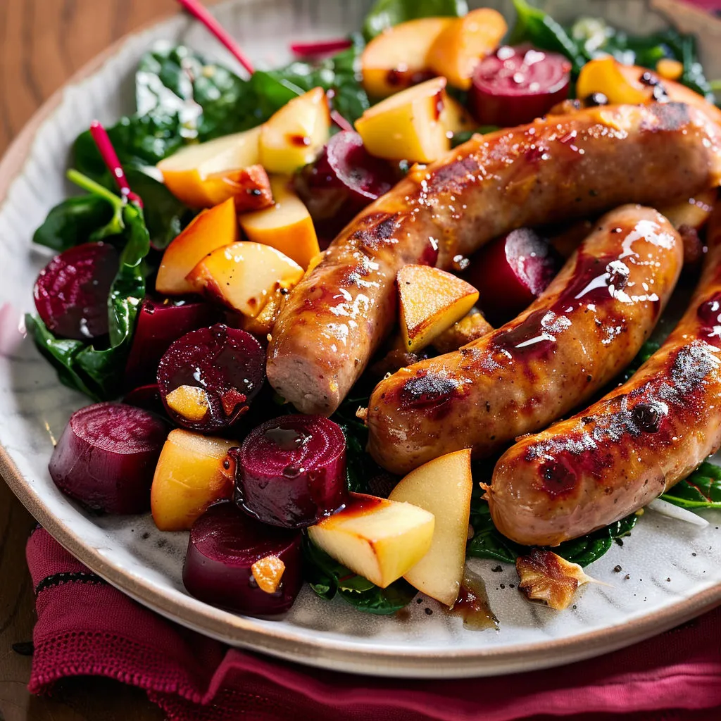 Délicieuses saucisses aux betteraves et pommes caramélisées.