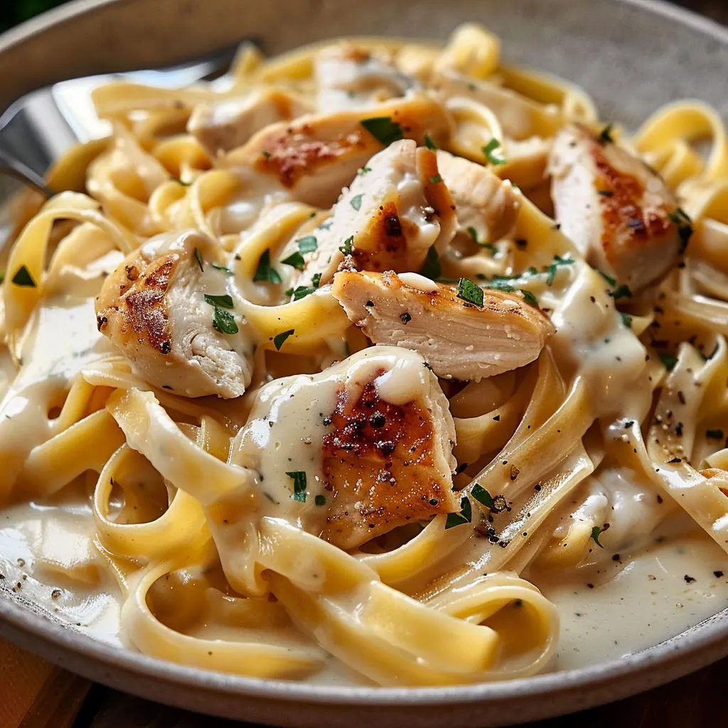Délicieuses tagliatelles au poulet, ail et fines herbes