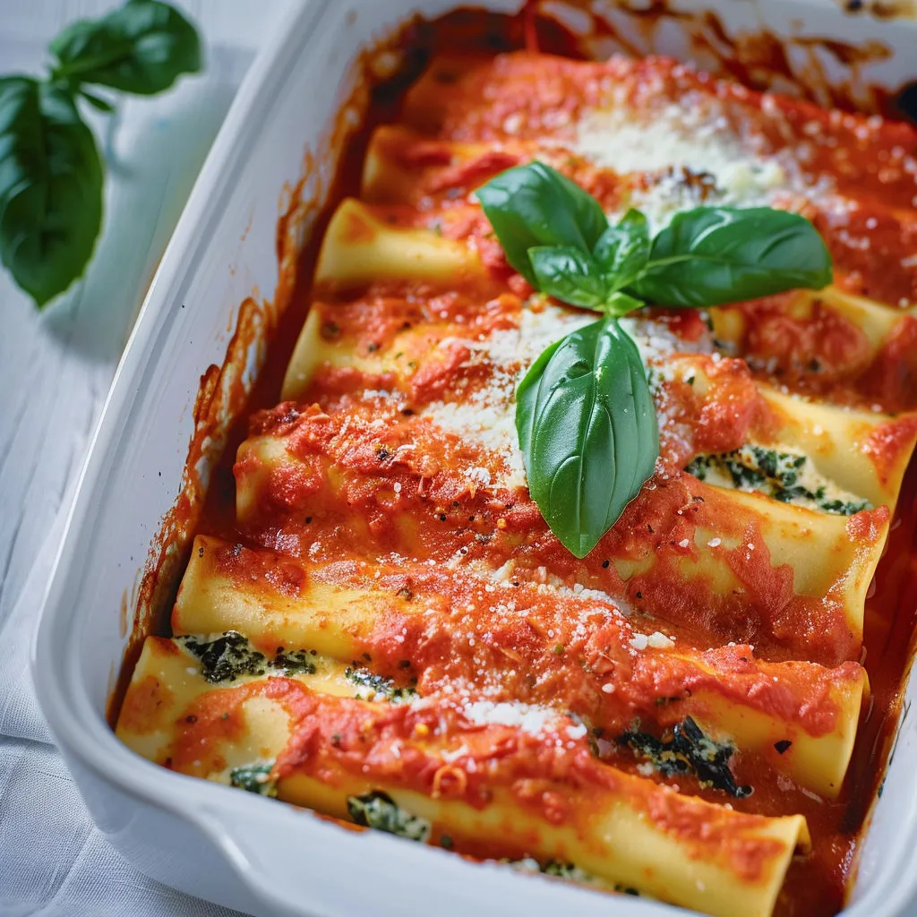 Délicieux cannellonis ricotta épinards sauce rosée.