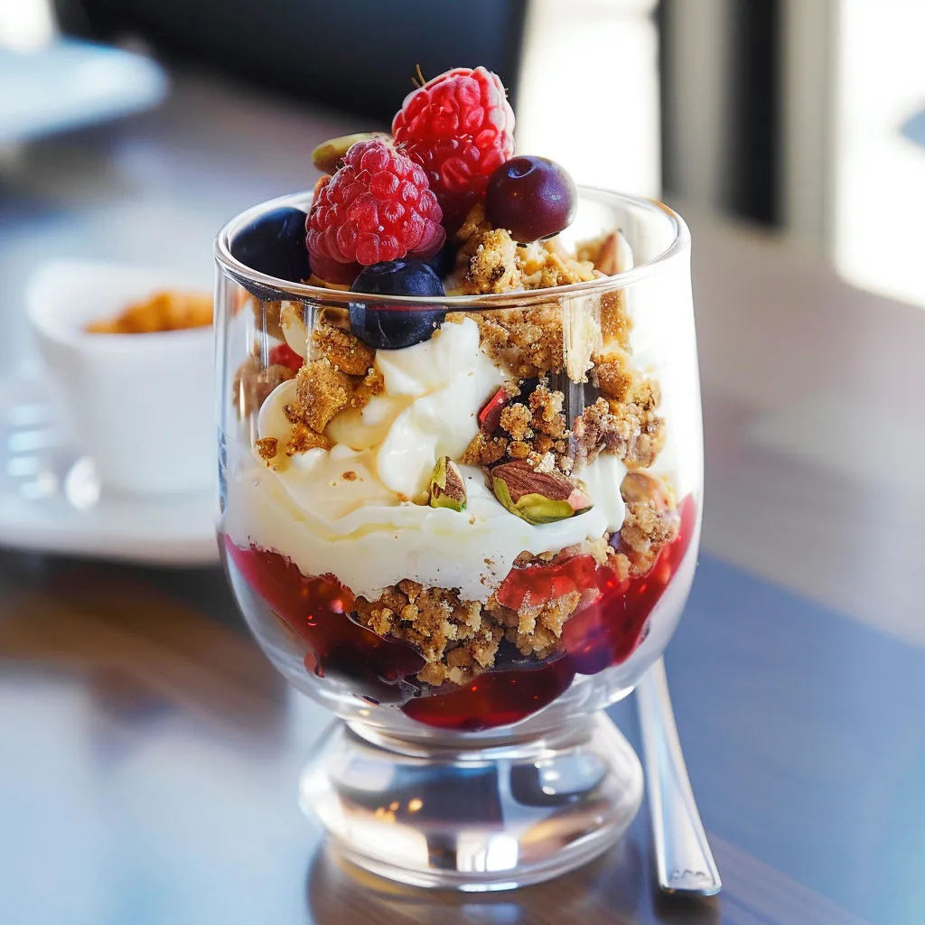 Délicieux crumble pistaches avec crème et petits fruits