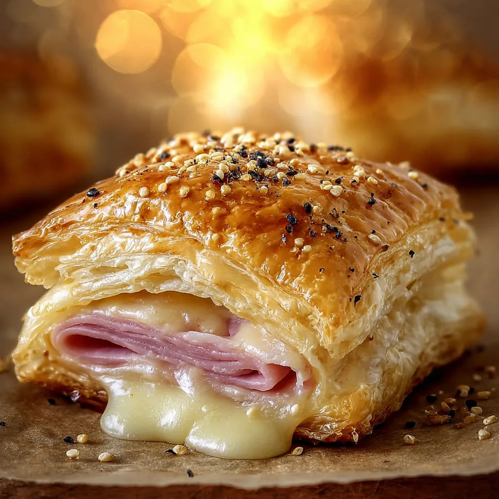 Délicieux feuilleté au fromage et jambon.