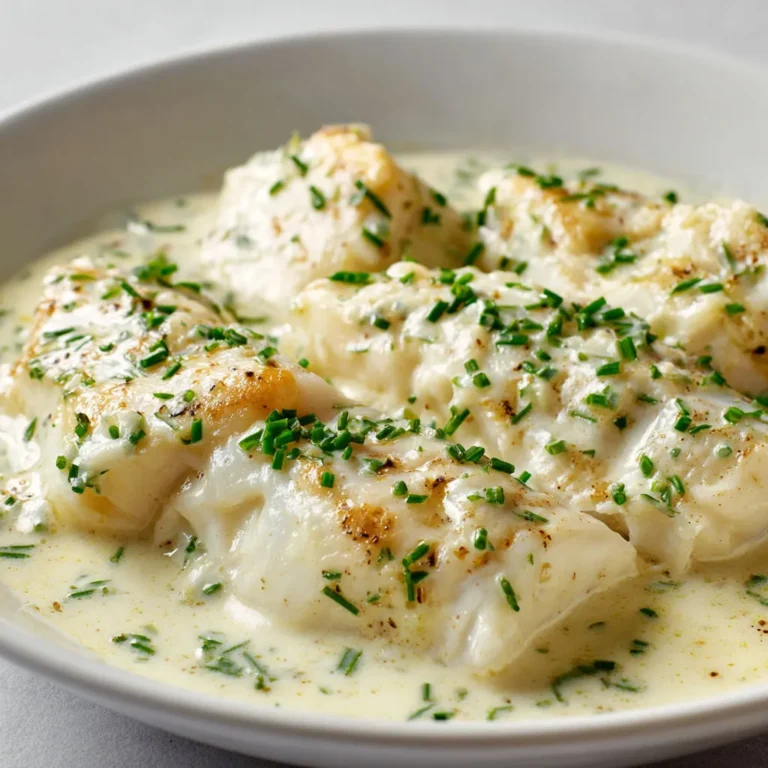 Délicieux filet de poisson à la crème d'ail et ciboulette