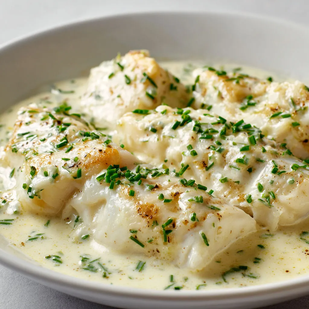 Délicieux filet de poisson à la crème d'ail et ciboulette