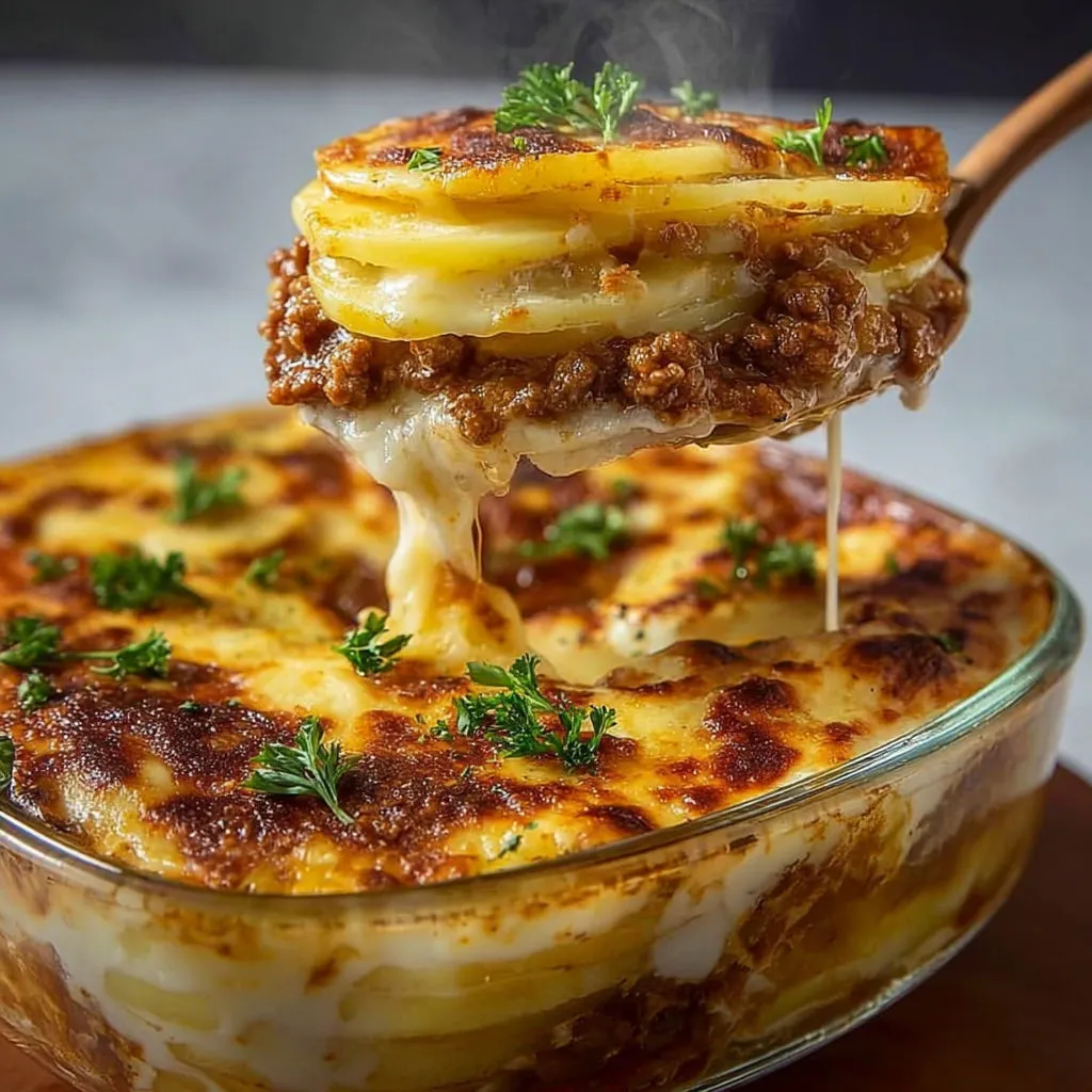 Délicieux gratin de bœuf aux pommes et fromage fondant