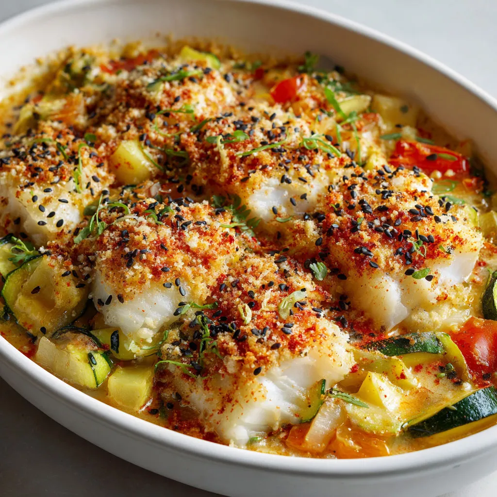 Délicieux gratin de poisson et courgettes rôties au four