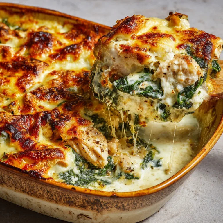 Délicieux gratin de poulet aux épinards et fromage.
