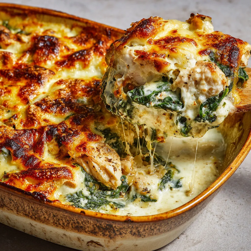 Délicieux gratin de poulet aux épinards et fromage.