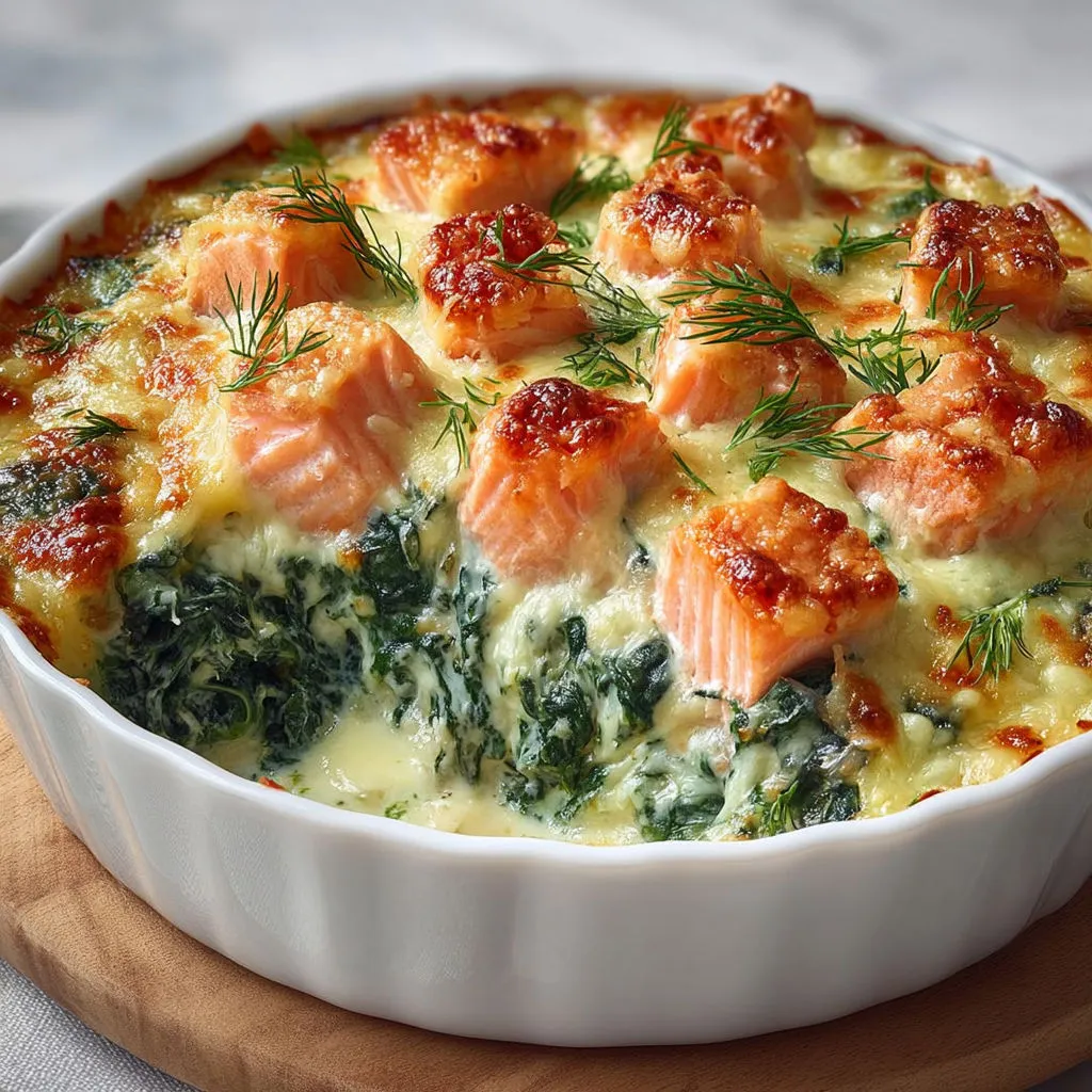 Délicieux gratin de saumon aux épinards et crème