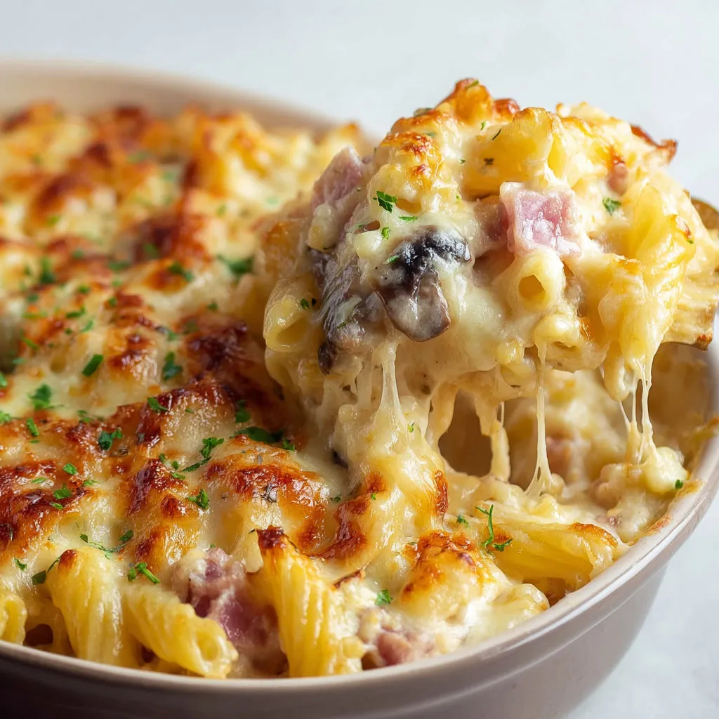 Délicieux gratin pâtes au jambon, champignons et fromage gratiné