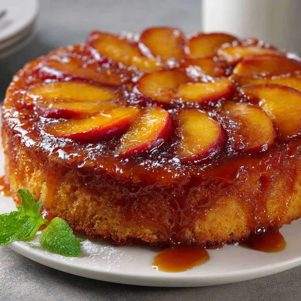 Délicieux gâteau renversé aux pêches, recette moelleuse et facile