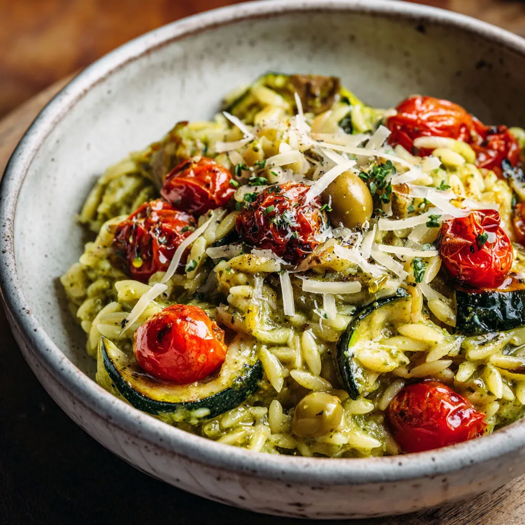 Délicieux one pot orzo au pesto et courgettes