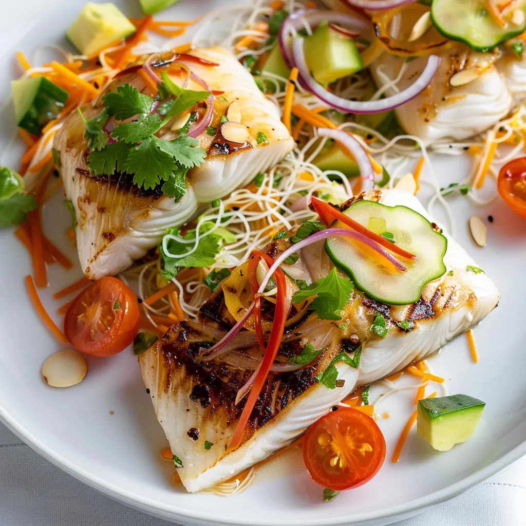 Délicieux poisson grillé aux vermicelles et légumes frais