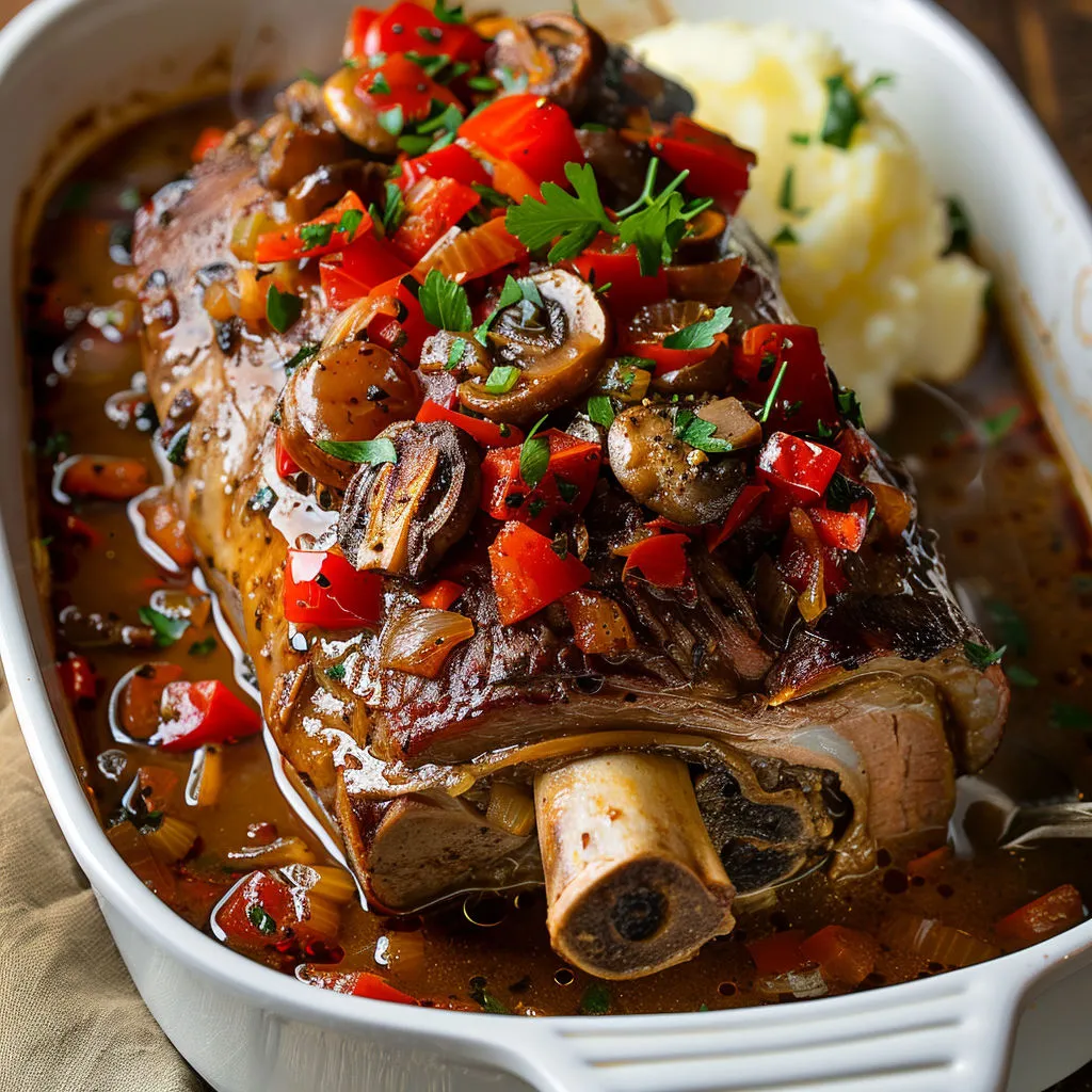 Délicieux porc braisé aux champignons et tomates juteuses