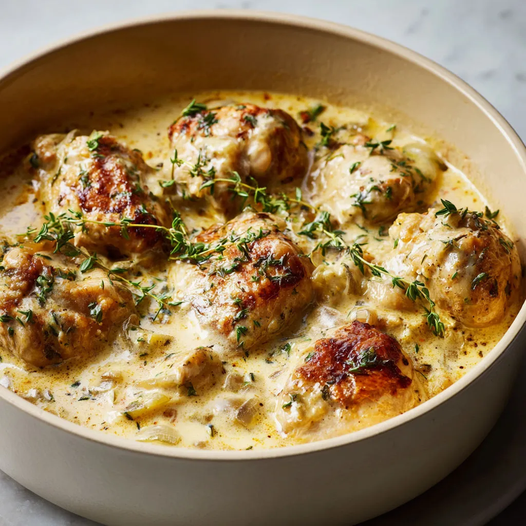 Délicieux poulet crémeux aux champignons, un régal français.