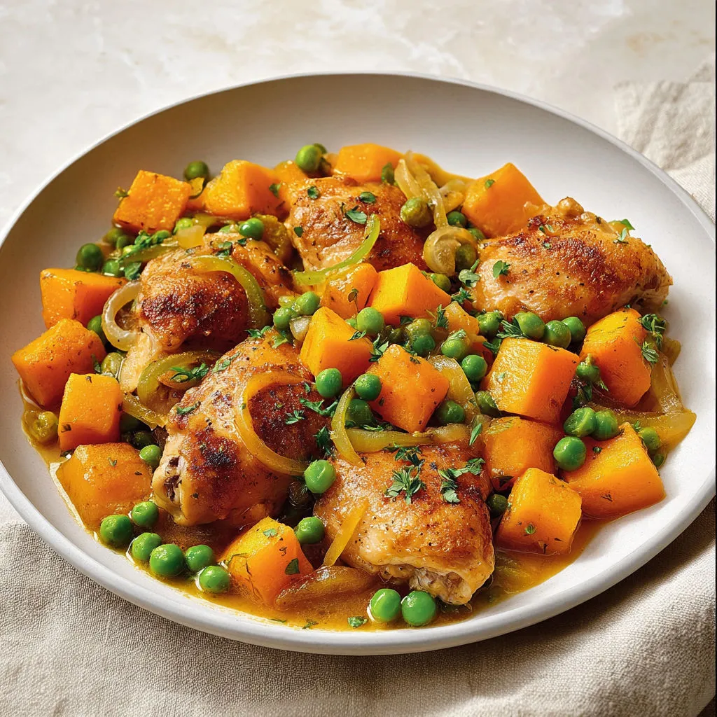 Délicieux poulet cuisiné avec courge et fleur d'ail.