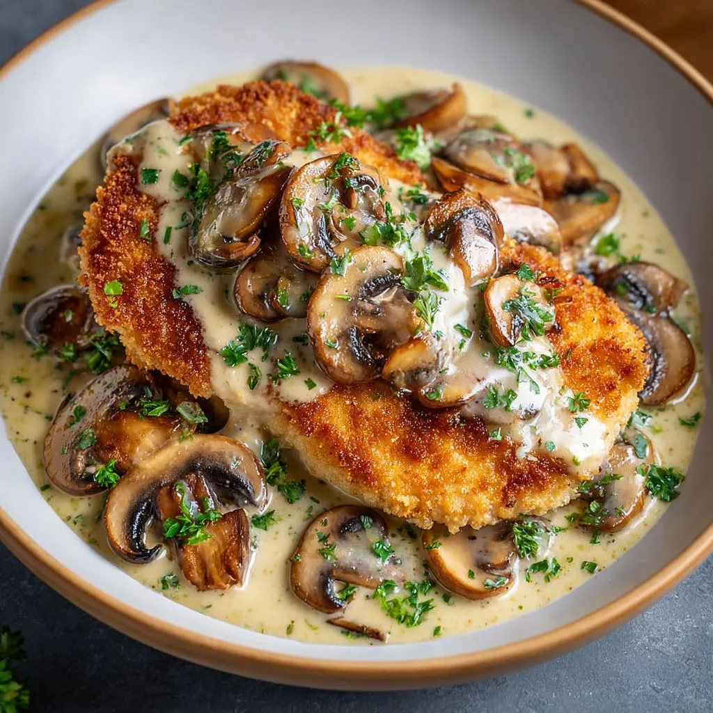 Délicieux poulet rôti aux champignons et parmesan