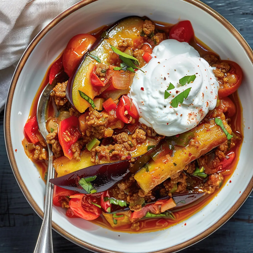 Délicieux ragoût d'aubergines, viande et poivrons: recette savoureuse!
