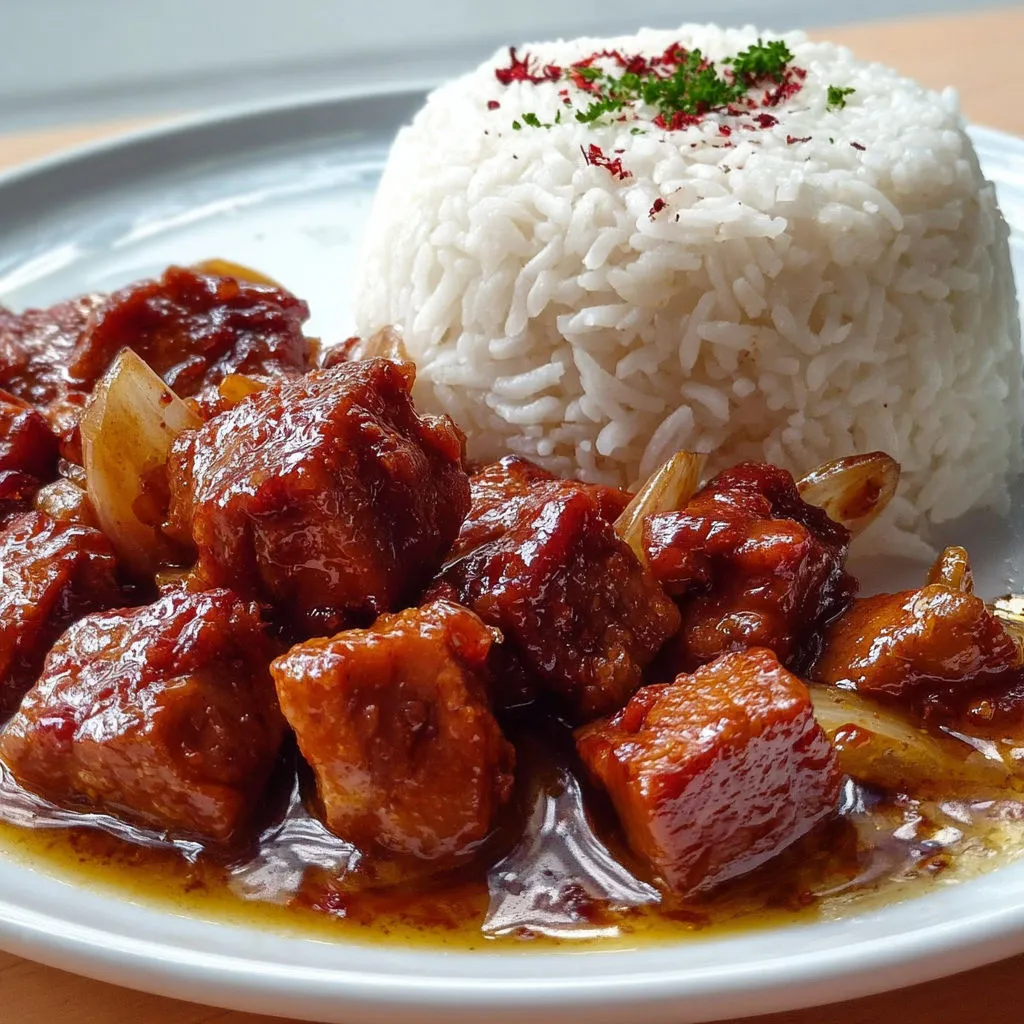 Délicieux ragoût de porc mijoté avec riz savoureux